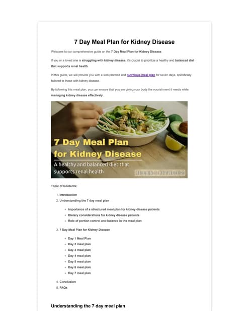 7 Day Meal Plan for Kidney Disease